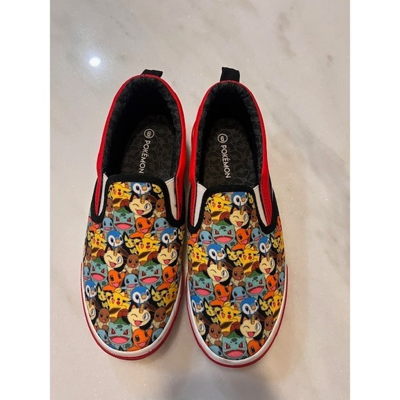 Pokemon Slip On Sneakers All Over Print Character Shoes Red Trim‎ Size 6 - Picture 2 of 8